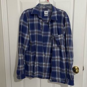 Zara Navy and Light Blue Plaid Shirt